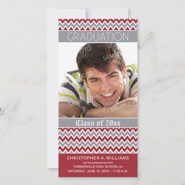 Chevron Motif Faire-part de graduation (rouge) (Devant)