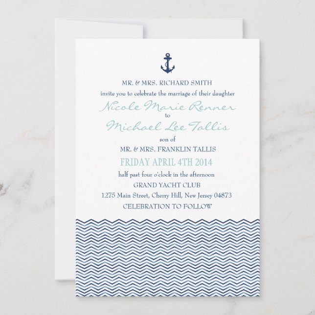 Chevron nautique ondule le faire-part de mariage (Devant)