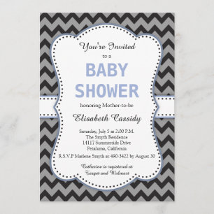 Chevron noir et gris, Baby shower bleu Invitation