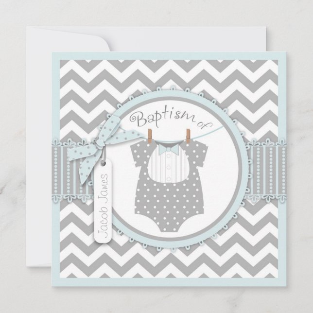 Chevron Print & Bow Cravate Baptism Invitation SQ- (Devant)