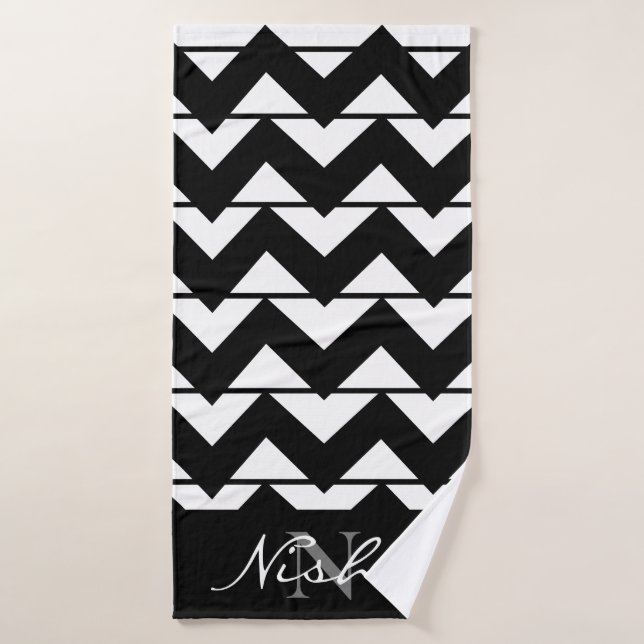 Chevron rayé Monogram noir et blanc (Serviette de bain)