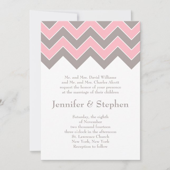 Chevron rose et gris Faire-part de mariage (Devant)