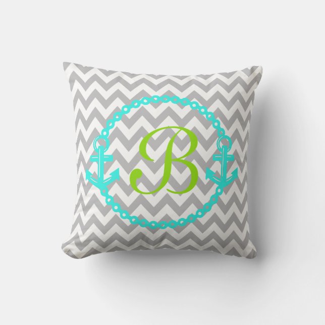 Chevron Teal et coussin vert de monogramme d'Ancre (Recto)