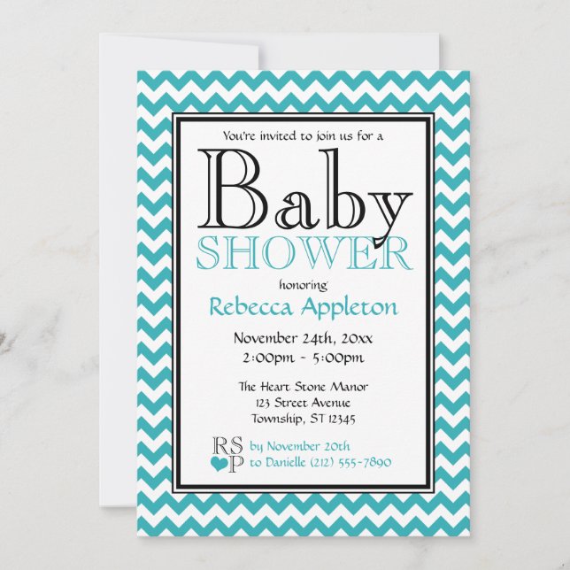 Chevron Turquoise & White Baby Shower Invitations (Devant)