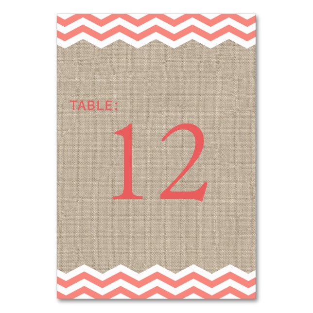 Chevrons de corail sur Burlap Numéro de table (Dos)