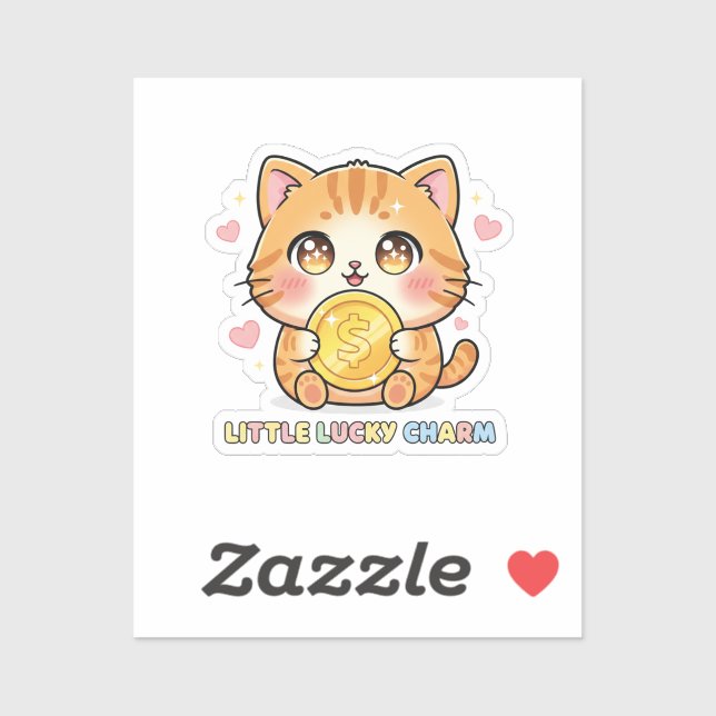 Chibi Anime Chat Tenant une Pièce d'Or Autocollant (Feuille)