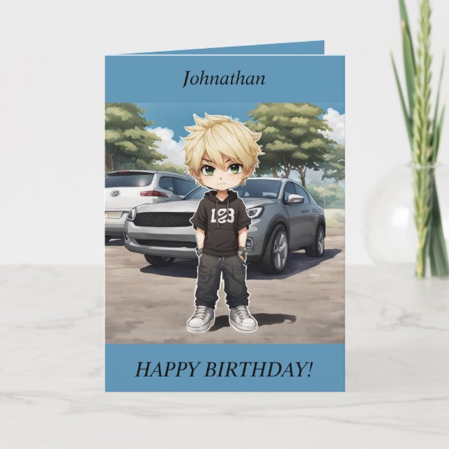 Chibi Boy debout près d'une voiture Carte d'annive (Devant)