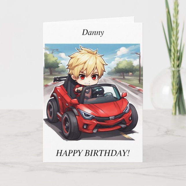 Chibi Boy voiture de course Carte d'anniversaire (Devant)
