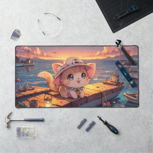 Chibi Chat Mignon au Coucher de Soleil du Port – F