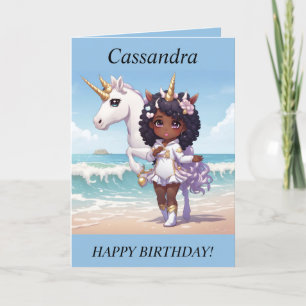 Chibi Girl Unicorn sur la plage Carte d'anniversai