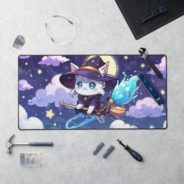 Chibi Witch Cat Flying in Starry Sky – Kawaii Magi (Poste de travail)