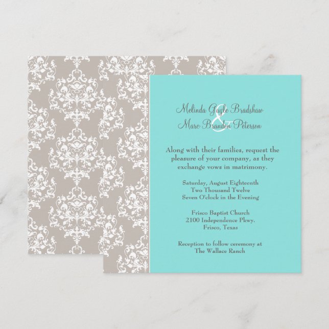Chic Aqua Blue et Taupe Mariage damassé Invitation (Devant / Derrière)