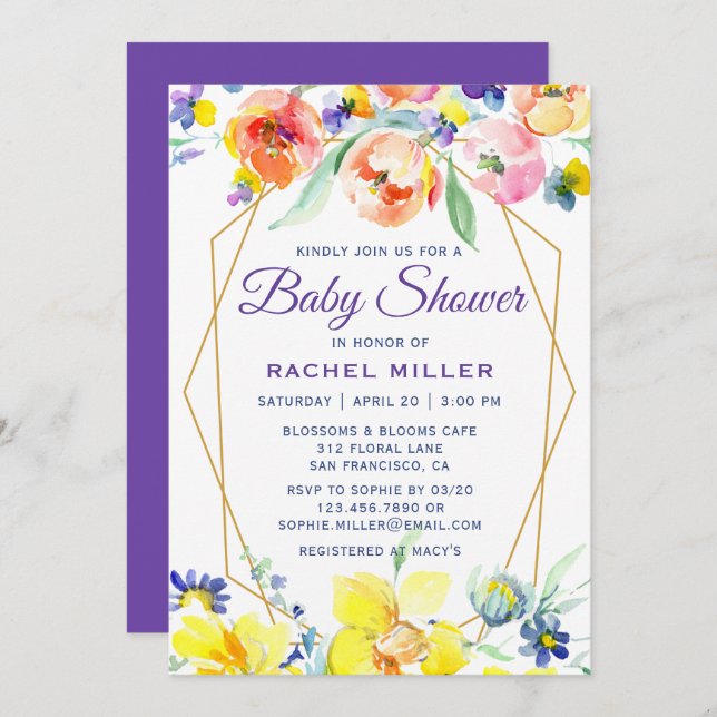 Chic Aquarelle Floral Baby Shower Invitations (Devant / Derrière)