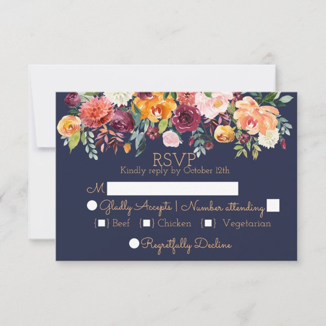 Chic Aquarelle Floral Navy Blue Wedding Carte RSVP (Devant)