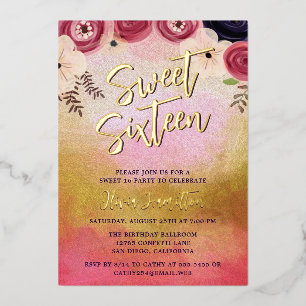 Chic Aquarelle Floral Sweet 16 Foil Invitation