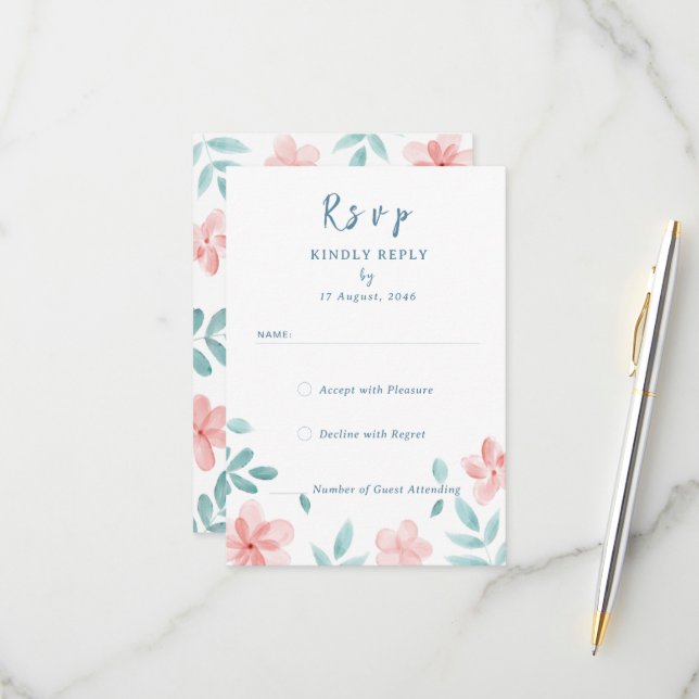 Chic Aquarelle rose Floral Invitation Cartes RSVP (Devant/Arrière en situation)