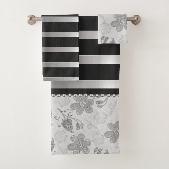 Chic Argent Rayures Noires Florales  (En situation)