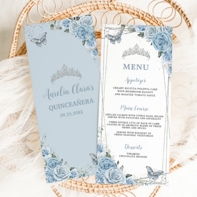 Chic Baby Blue Floral Butterflies Quinceañera Menu (Créateur téléchargé)