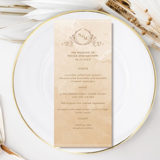 Chic Beige Cream Watercolor, monogram Wedding Menu (Créateur téléchargé)
