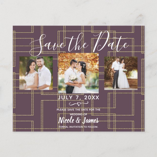 Chic Berry Mauve & Or Géométrique Glam Save Date  (Devant)