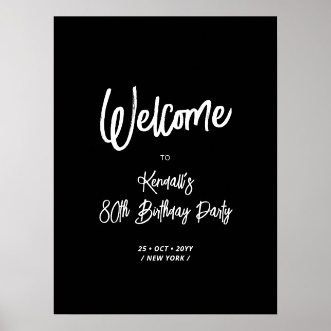 Chic Black 80th Birthday Party Affiche de bienvenu (Devant)