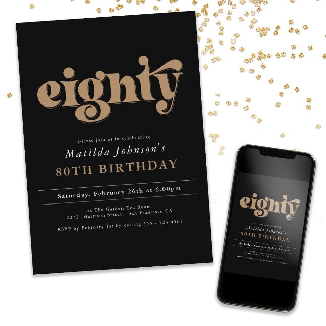 Chic Black and Gold 80th Birthday Party Invitation (Chic Black and Gold 80th Birthday Party Invitation)