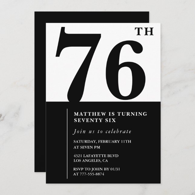 Chic Black and White 76e anniversaire invitation (Devant / Derrière)
