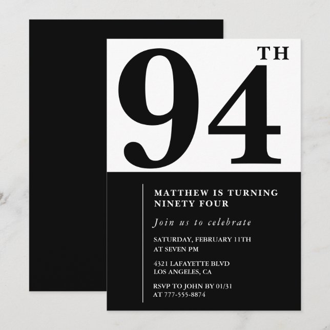 Chic Black and White 94e anniversaire invitation (Devant / Derrière)