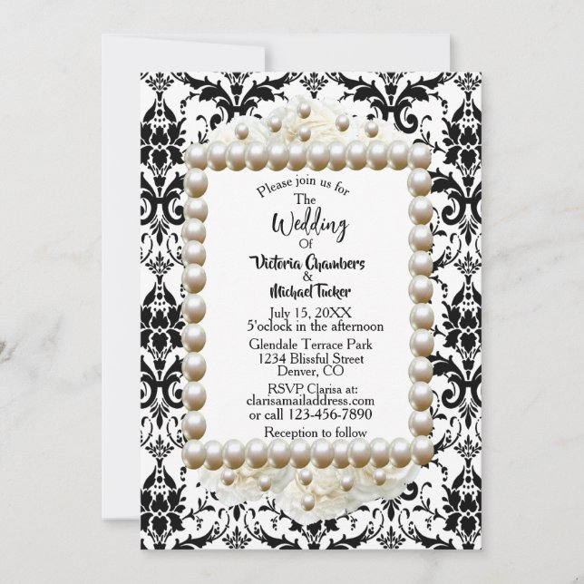 Chic Black $ Blanc Damask Pearl Faire-part de mari (Devant)