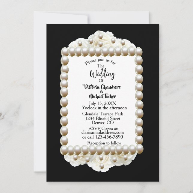 Chic Black $ Blanc Damask Pearl Faire-part de mari (Devant)