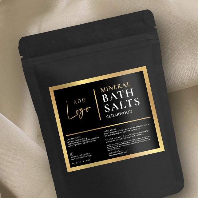 Chic Black & Gold Logo étanche Étiquette de sels d (Elegant black and gold bath salts label design with space for your logo and product info)