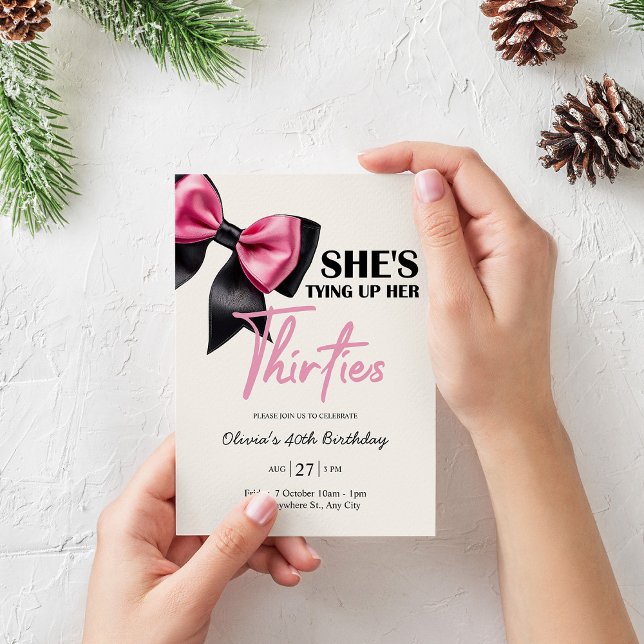 Chic Black & Pink Bow 40th Birthday Invitation (Créateur téléchargé)