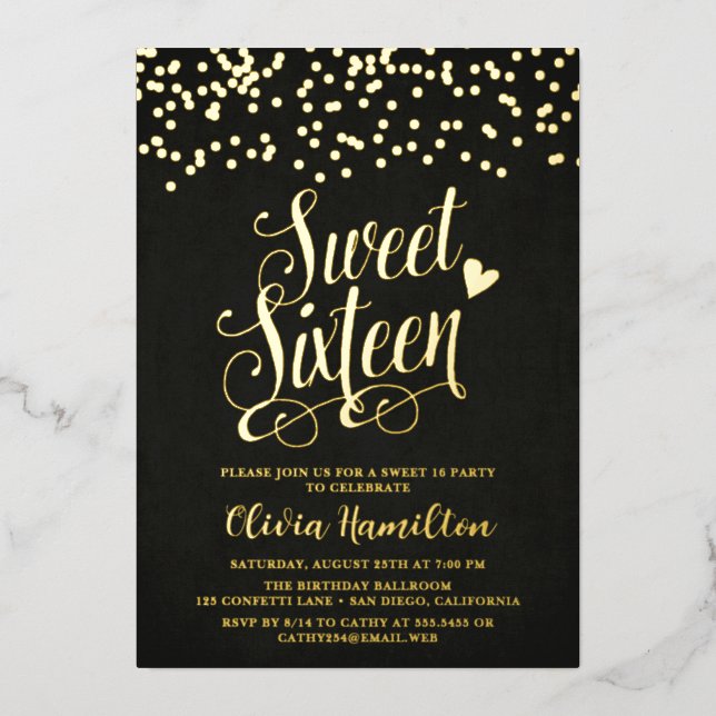 Chic Black Sweet 16 Gold Confetti Foil Invitation (Recto)