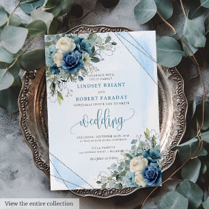 Chic bleu foncé Faire-part de mariage argent