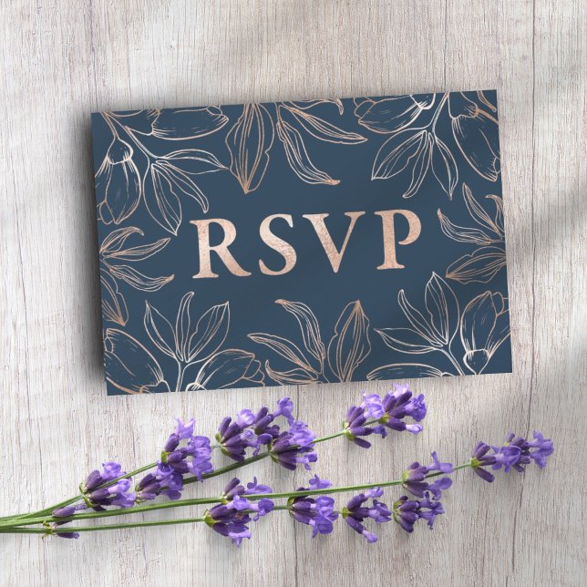 Chic Bleu & Rose Gold Foliage RSVP QR code Mariage (Créateur téléchargé)