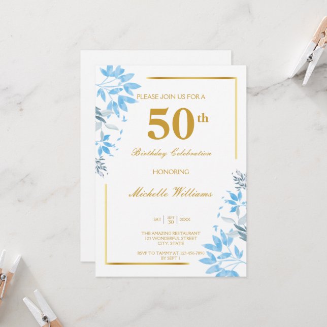 Chic Blue & Gold Floral Invitation 50e anniversair (Devant/Arrière en situation)