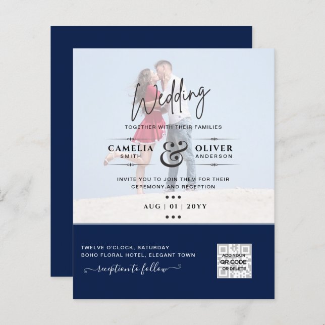 Chic Blue Photo Wedding Inviter QR Code Enregistre (Devant / Derrière)