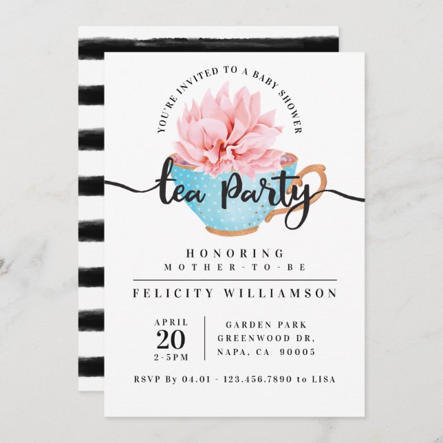 Chic Blue Teacup Tea Party Baby shower Invitation (Devant / Derrière)