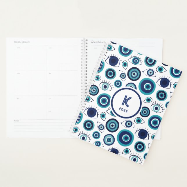 Chic Blue White Greek Evil Eye Monogram (Devant avec enveloppe)