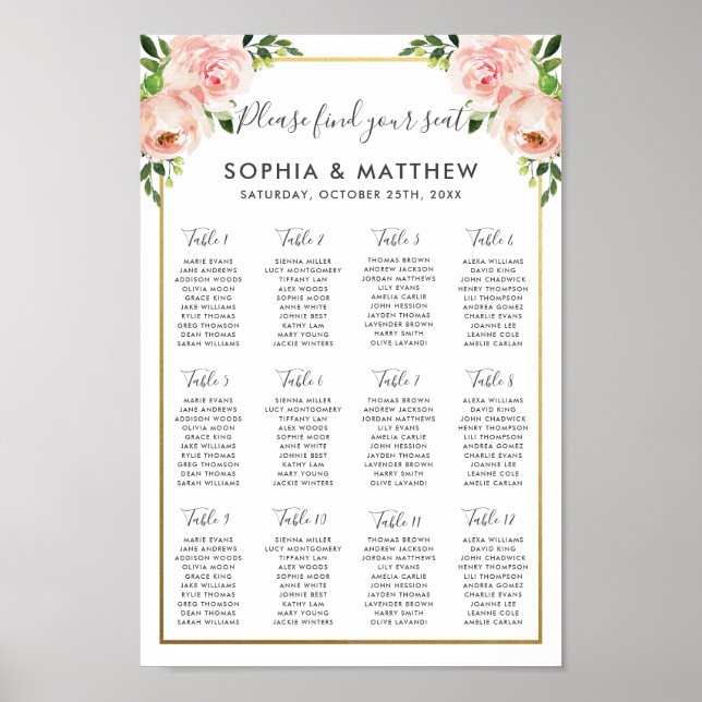 Chic Blush Floral Flowers Mariage Tableau de siège (Devant)