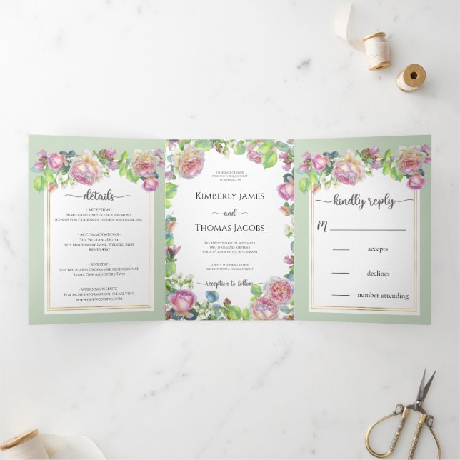 Chic Blush Floral Mariage Invitation Tri-Fold (Intérieur)