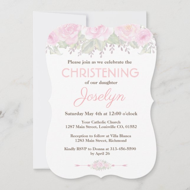 Chic Blush Rose Jardin Floral Baptême Invitation (Devant)