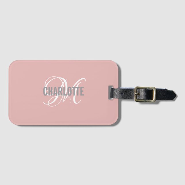 Chic blush rose monogrammed nom étiquette bagage (Devant Horizontal)