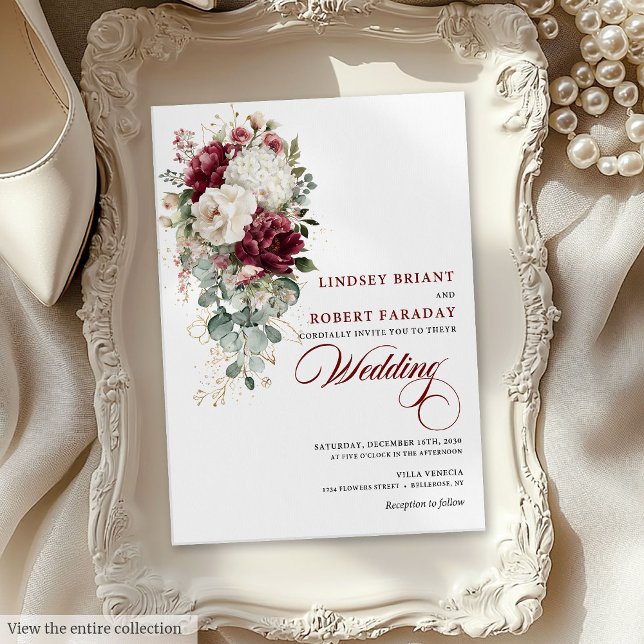 Chic Boho Bourgogne Blanc Floral Faire-part de mar (Chic Boho Burgundy White Floral Wedding Invitation)