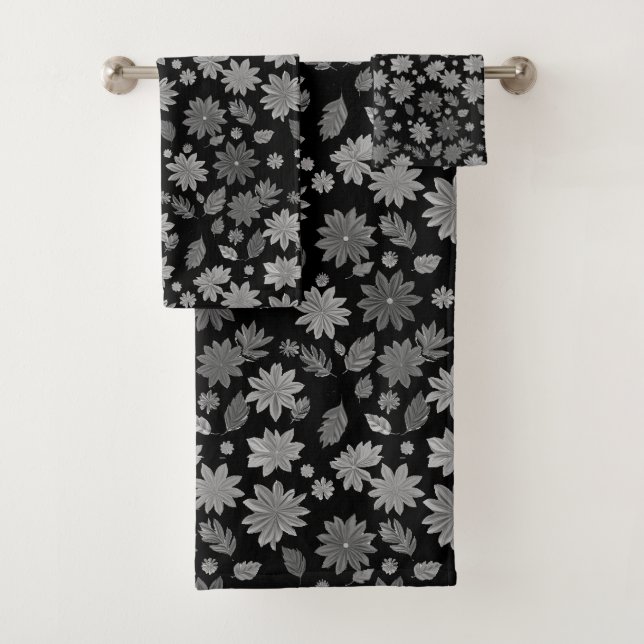 Chic Boho Fleurs et Feuilles Grises sur Fond Noir (En situation)
