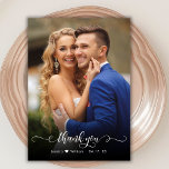 Chic Boho Script 2 Mariage photo Carte de remercie<br><div class="desc">Moderne Boho Chic Calligraphie Script Mariage 2 Carte de remerciements photo. Un mariage élégant merci modèle avec une photo verticale complète sur le devant avec le texte "Merci" dans une main tourbillonnant fantaisie lettrage typographie swash tail script de police en blanc superposition sur l'image. Petit motif de coeur d’amour mignon...</div>