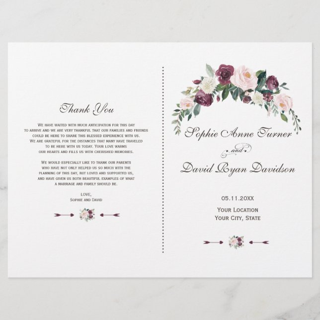Chic Bourgogne Blush Ivory Floral Wedding Programm (Devant)