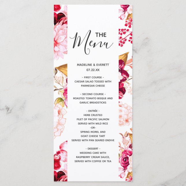 Chic Bourgogne & Blush Pink Floral Mariage Menu (Devant)