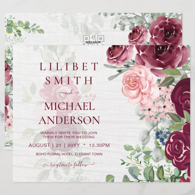 Chic Bourgogne Blush Rose Floral Mariage (Devant / Derrière)