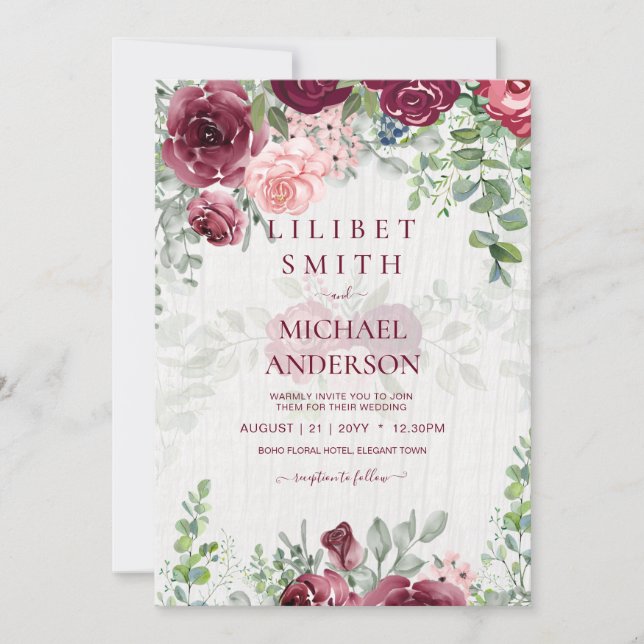 Chic Bourgogne Blush Rose Floral Mariage (Devant)